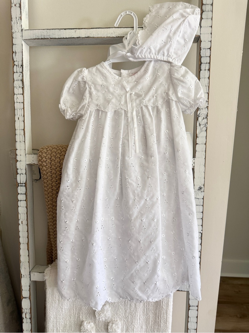 Petit Ami White Eyelet Cotton Baptism Gown with Bonnet